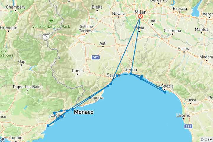 Carte du circuit Circuit de 7 jours sur la Riviera italienne et la Côte française - au départ de Milan