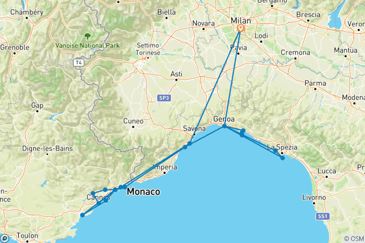 Mapa de 7 Días por la Riviera Italiana y la Costa francesa - desde Milán