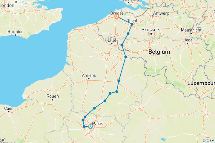 Map of Paris to Bruges (Brugge), Bike & Barge in France and Belgium