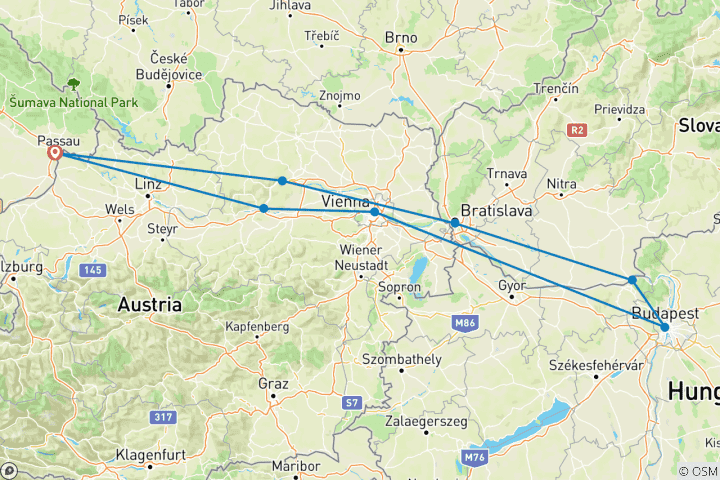 Map of 8 days - Imperial Danube (Passau - Vienna - Passau) MS VISTA MILLA 4*)