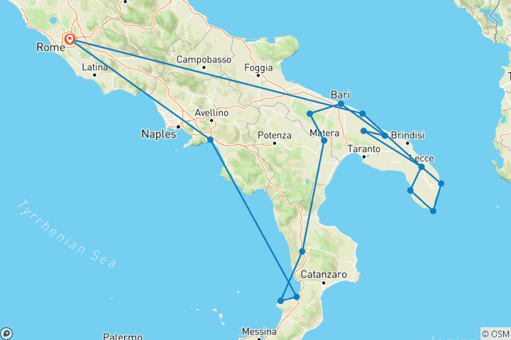 Carte du circuit Circuit de 8 jours dans les Pouilles et en Calabre - au départ de Rome