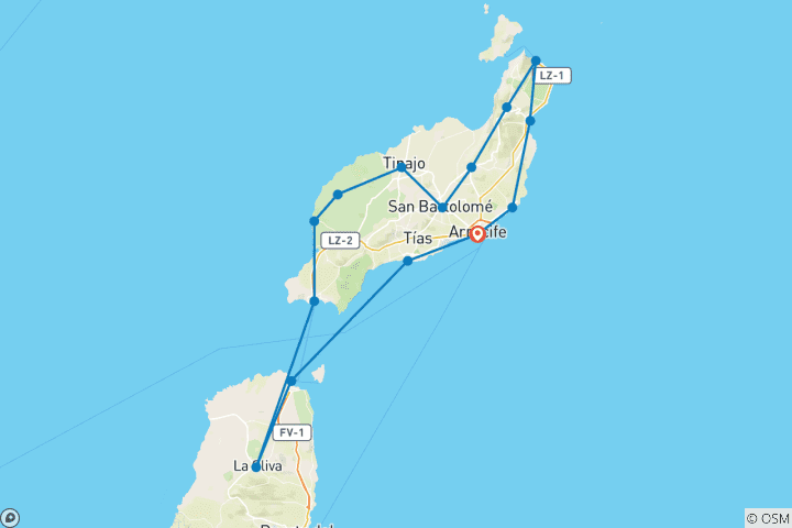 Map of Lanzarote, Land of Volcanoes Self-Guided Cycling Tour