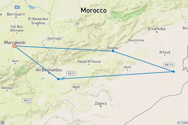 Carte du circuit 4 jours d'excursion dans le désert au départ de Marrakech - Sur les pistes de la Kasbah