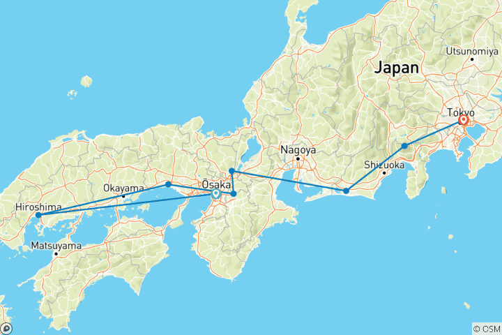 Carte du circuit Délices du Japon avec Hiroshima (chambres d'hôtel privées 3 étoiles)