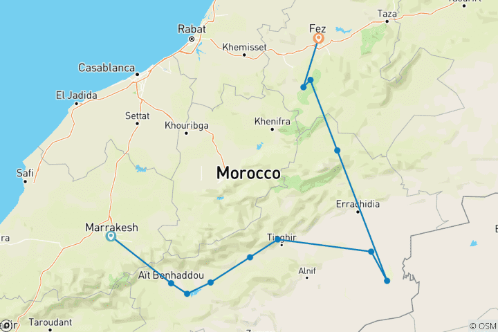 Map of 4 Days Desert Tour from Marrakesh to Fez