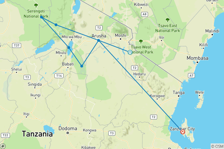 Mapa de 13 días de safari por la naturaleza en Tanzania y vacaciones en la playa de Zanzíbar