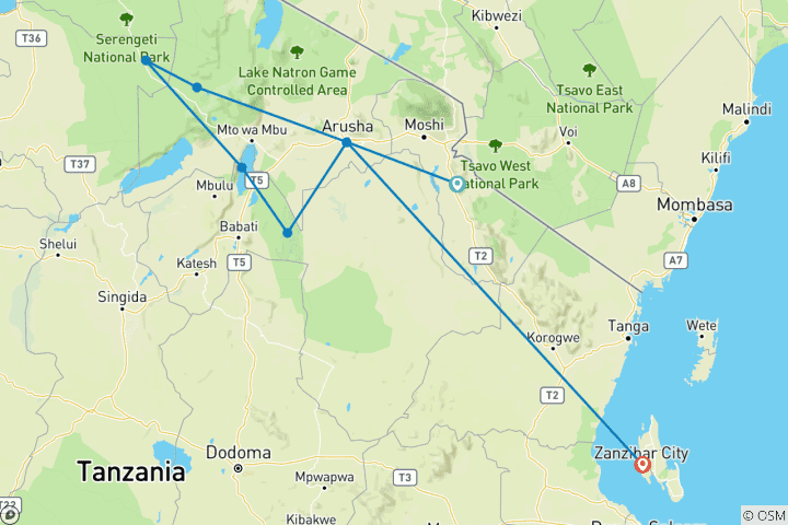 Carte du circuit 12 jours de safari en Tanzanie et de vacances à la plage à Zanzibar