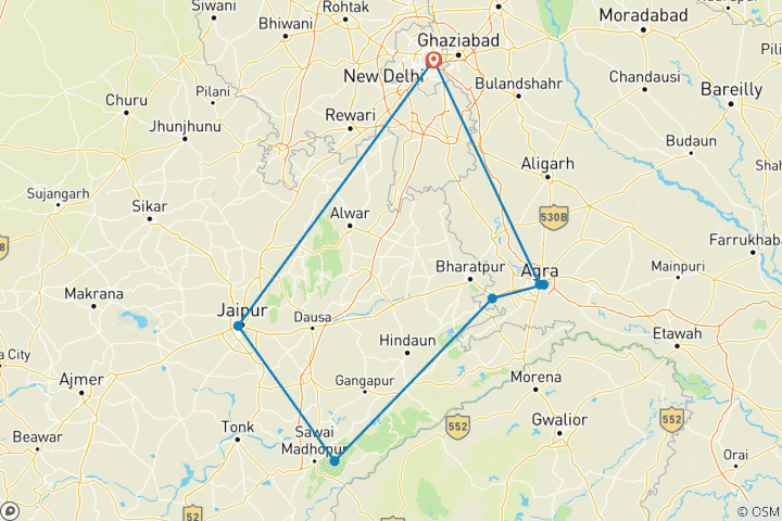 Map of Golden Triangle Tour with Ranthambore