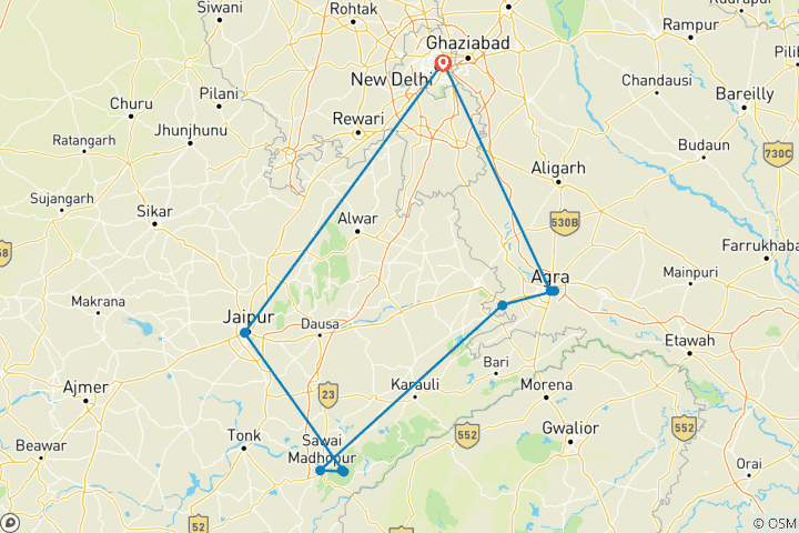 Kaart van Gouden Driehoek Tour met Ranthambore