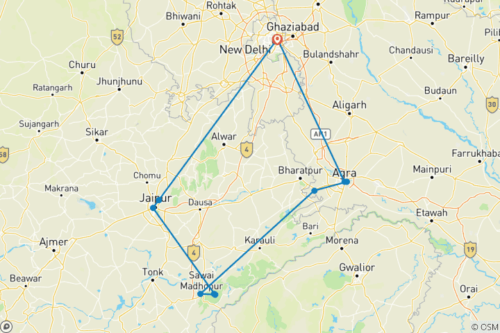 Kaart van Gouden Driehoek Tour met Ranthambore