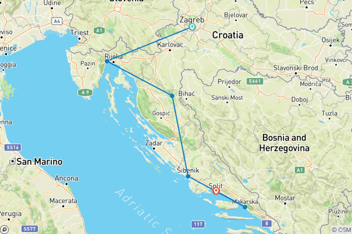 Map of Classic Croatia: 6 Days Capital to Coast