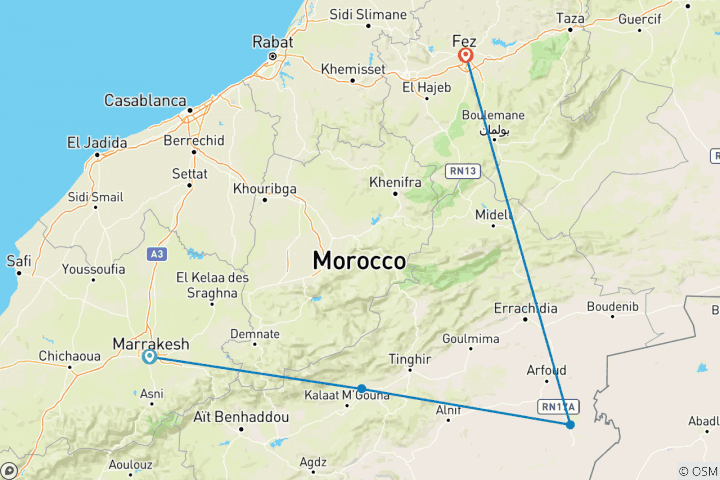 Kaart van 3-daagse woestijntour van Marrakech naar Fez