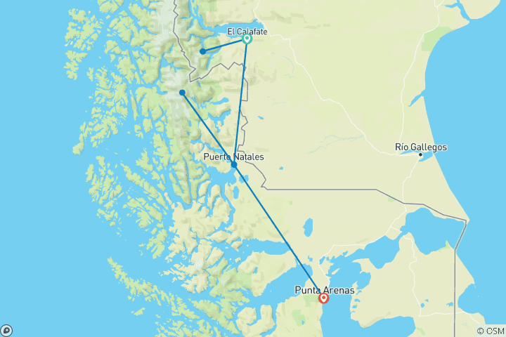 Kaart van Gletsjers & Paine – een avontuurlijke tocht – 4 nachten