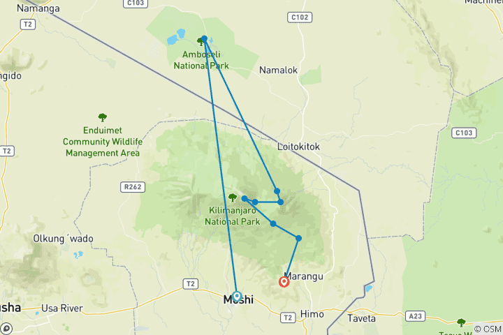 Karte von 6 Tage 5 Nächte Besteigung des Kilimanjaro über die Rongai Route