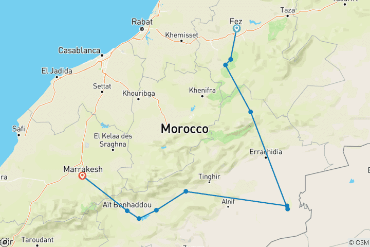 Carte du circuit 4 jours d'excursion dans le désert de Fès à Marrakech - camp de luxe