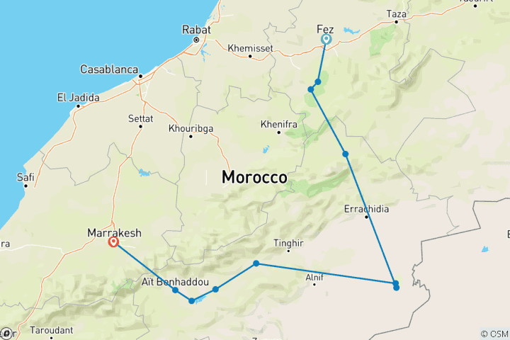 Map of 4 Days desert Tour from Fez to Marrakech ( Luxury Camp )