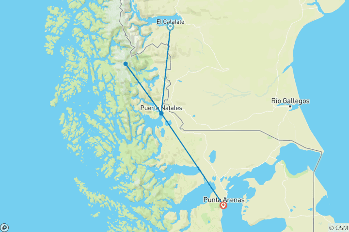 Map of Perito Moreno Glacier and Torres del Paine W-Trek EXPRESS (7 nights)