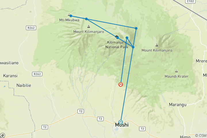 Karte von 6 Tage 5 Nächte Besteigung des Kilimandscharo über die Lemosho Route