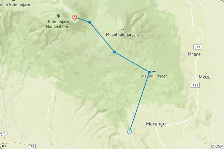 Carte du circuit 6 Jours 5 Nuits Ascension du Kilimandjaro par la route de Marangu