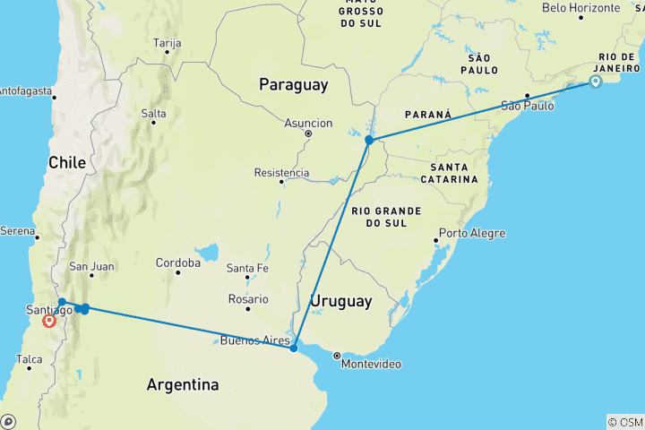 Map of Rio de Janeiro to Santiago de Chile - 17 Days