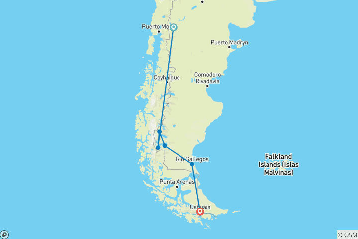 Map of Andean Patagonian Adventure (12 Nights)