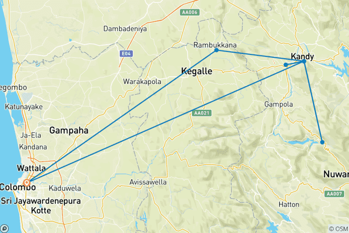 Map of Kandy Excursion - 3 Days