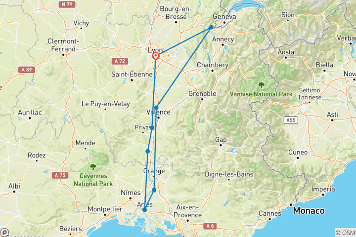 Carte du circuit Tous les sites incontournables du Rhône entre Lyon, la Provence et la Camargue avec un dîner au restaurant Abbaye de Collonges de Paul Bocuse - OFFERT (including La Voulte-sur-Rhône)