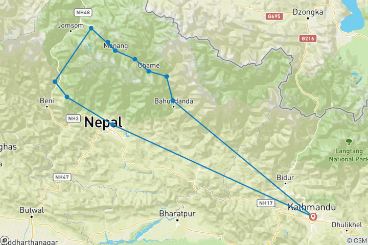 Map of Annapurna Circuit Trek - 15 Days