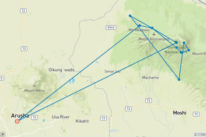 Map of 8 Days Off-the-Beaten-Path Kilimanjaro Adventure