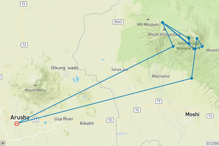 Map of 8 Days Hike via the popular Machame Route