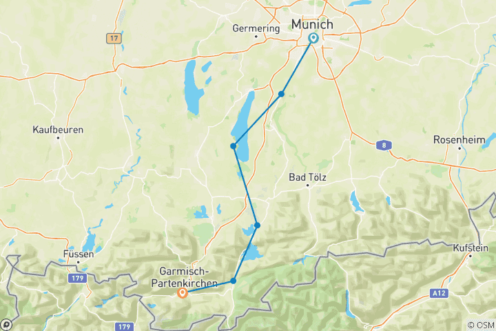 Kaart van Reis van München naar Garmisch