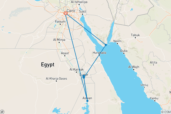 Kaart van 10 dagen Cairo, Aswan en Luxor met vakantie naar Sharm el Sheikh