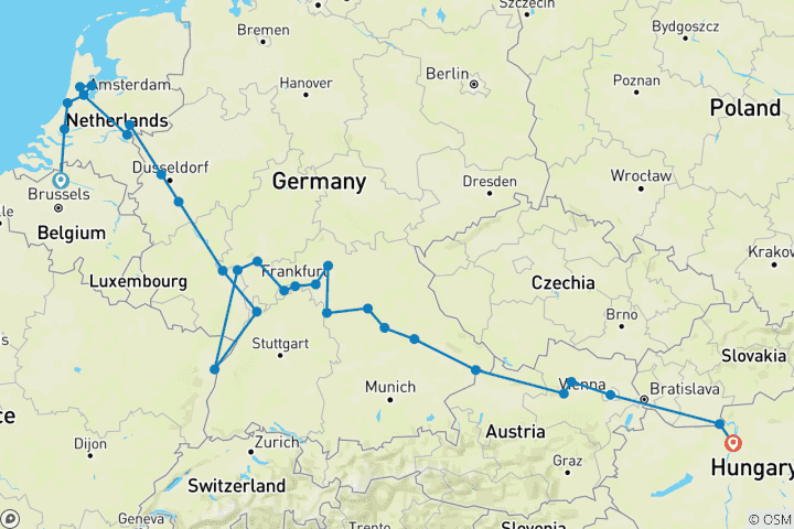 Carte du circuit Le printemps en Hollande, la vallée romantique du Rhin et le Danube (croisière de port à port)