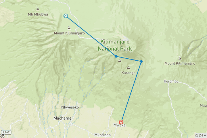 Mapa de Kilimanjaro ascensión ruta shira 6 días