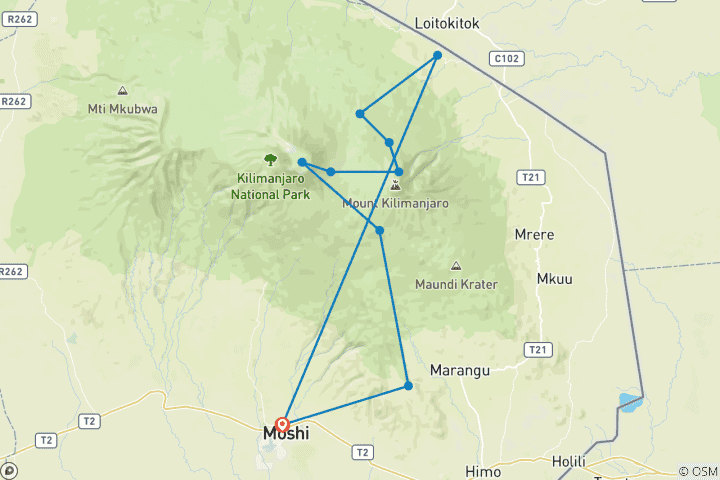 Map of Kilimanjaro climb rongai route 6 days