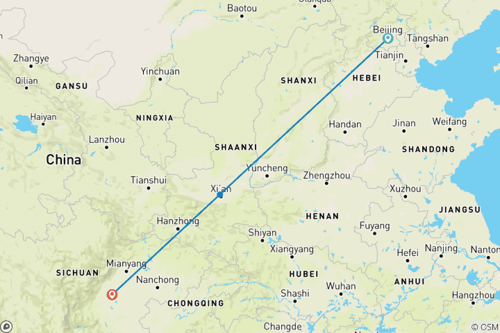 Map of 9 Days Tour Beijing / Xian / Chengdu