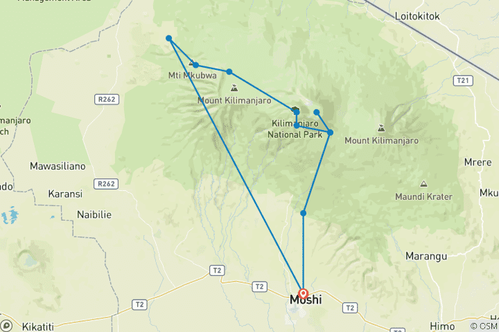 Mapa de Subida al Kilimanjaro ruta Lemosho 8 días