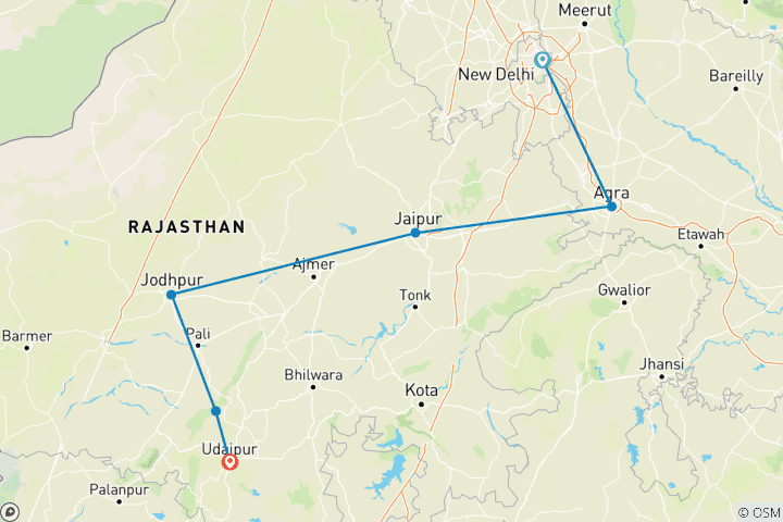 Carte du circuit Circuit de 9 jours dans le Triangle d'Or avec Jodhpur et Udaipur (Taj Mahal au lever/coucher du soleil) - Delhi Agra Jaipur Jodhpur Udaipur Tour