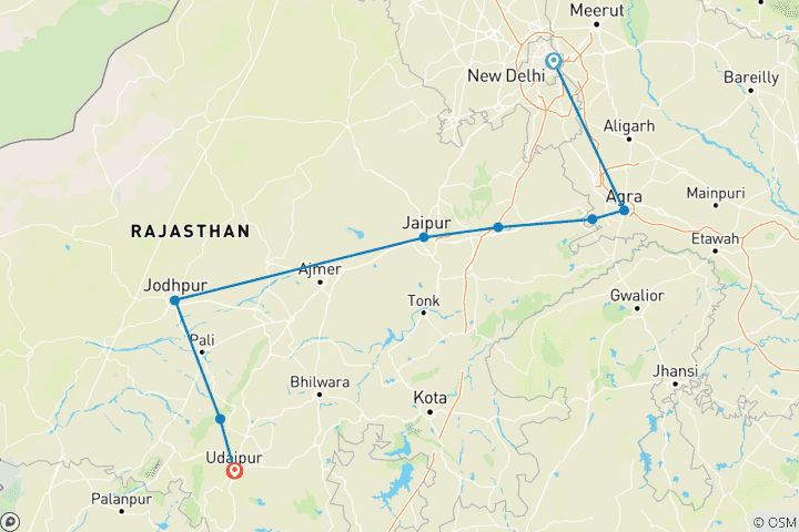 Map of 9 Day Golden Triangle Tour with Jodhpur and Udaipur (Taj Mahal at sunrise/Sunset) - Delhi Agra Jaipur Jodhpur Udaipur Tour