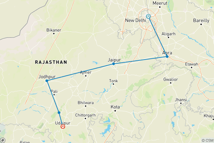 Mapa de Triángulo de Oro de 9 días con Jodhpur y Udaipur (Taj Mahal al amanecer/puesta de sol) - Circuito Delhi Agra Jaipur Jodhpur Udaipur