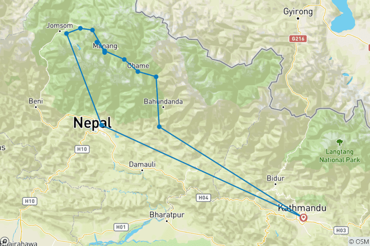 Map of Annapurna Circuit Trek via Tilicho Lake 15 -Days