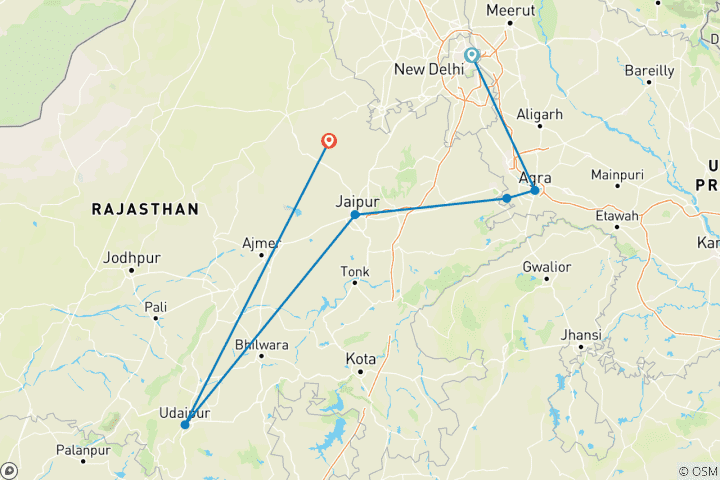 Kaart van 7 Daagse Gouden Driehoek Tour met Udaipur - Delhi Agra Jaipur Udaipur Tour