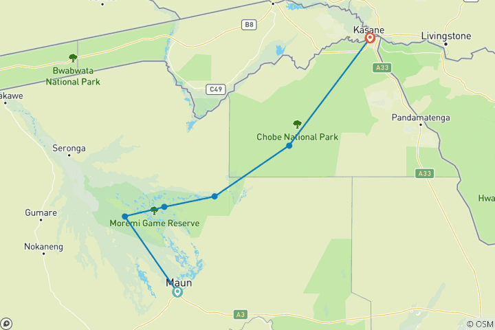 Carte du circuit Safari photographique dans la réserve de Moremi et le PN de Chobe