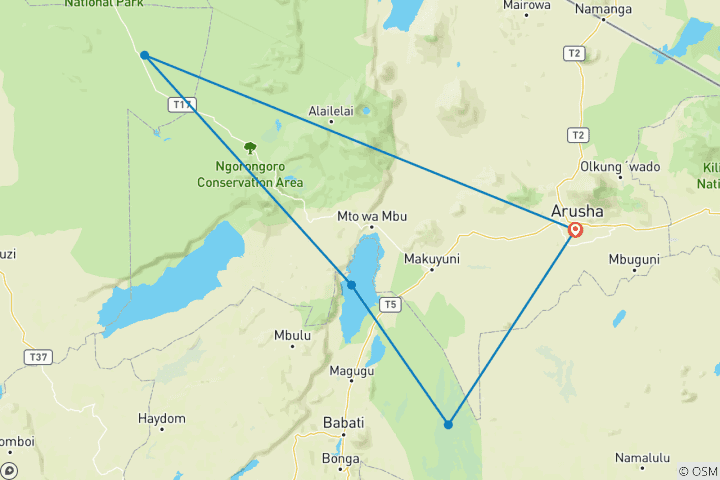 Carte du circuit Safari de 5 jours - Migration de la faune vers le sud - novembre et décembre uniquement