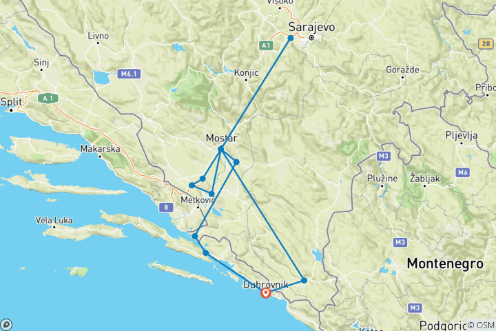 Carte du circuit De Dubrovnik à la Bosnie Découverte en 7 jours