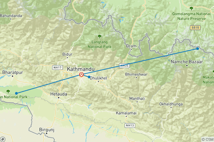 Map of Everest Helicopter Tour With Royal Chitwan Jungle Safari