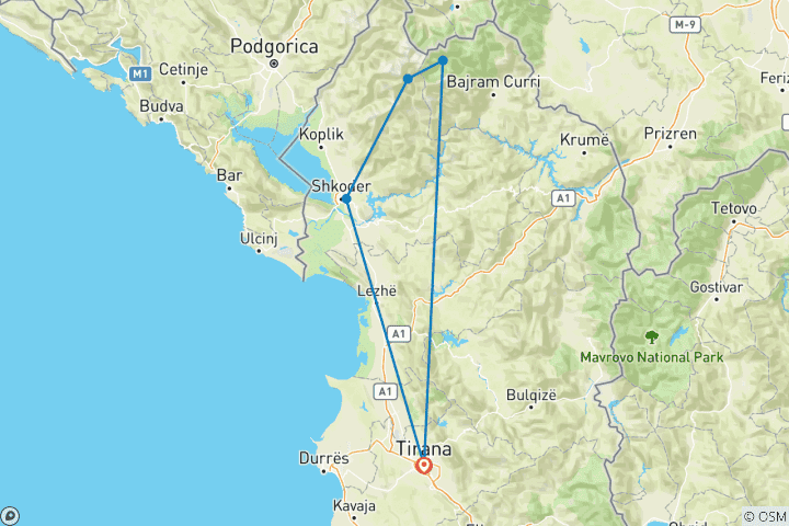 Map of Hiking tour of Koman Lake, Valbona and Theth from Tirana or Shkoder in 3 Days