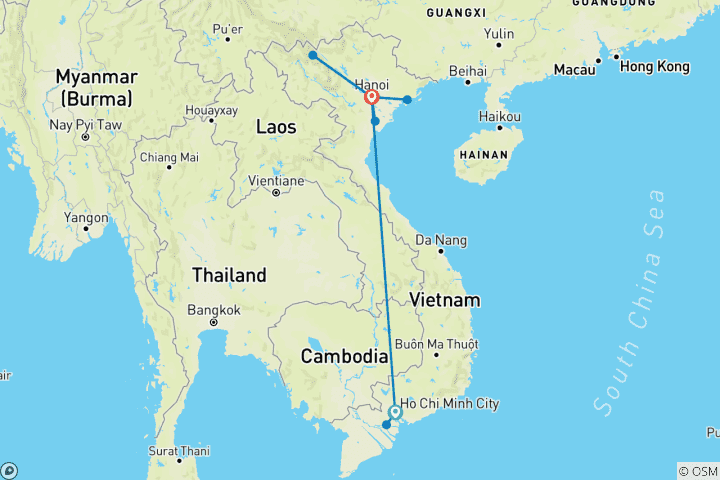 Carte du circuit Ho Chi Minh et Hanoi au Vietnam 10 jours 9 nuits