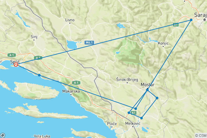 Carte du circuit 4 jours de découverte de la Bosnie au départ de Split