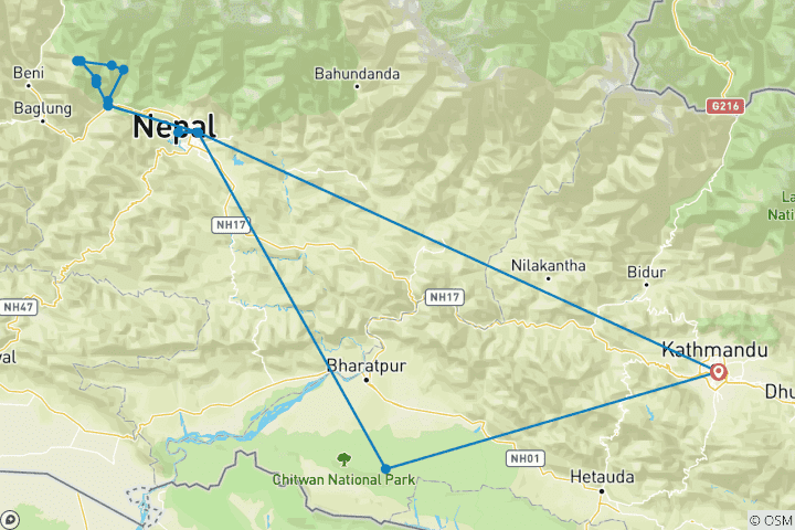 Carte du circuit Véritable expérience du Népal 12 jours